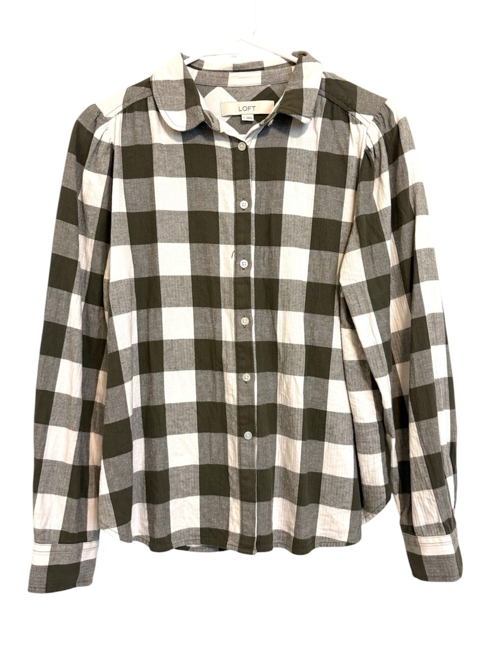 2/$30 LOFT Buffalo Plaid Button Front Size Small Off-White Gray Long Sleeve Top